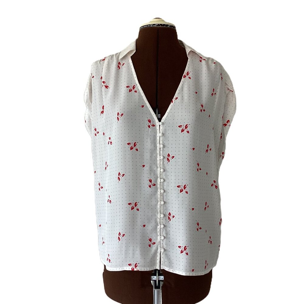 Off-White and Red Floral Printed Silk Sleeveless Blouse